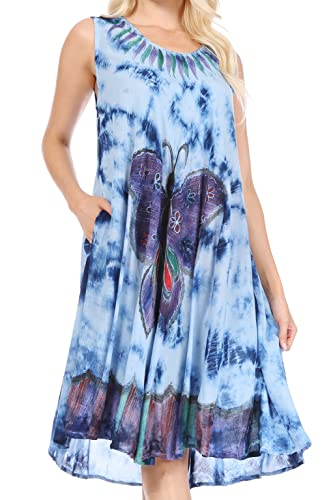 Sakkas 217 Tie Dye Butterfly Tank Mantel Kaftan Mid Length Kleid - Blau/One Size von Sakkas