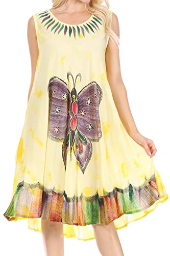 Sakkas 217 Tie Dye Butterfly Tank Mantel Kaftan Mid Length Kleid - Gelb - Eine Größe von Sakkas