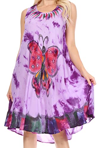 Sakkas 217 Tie Dye Butterfly Tank Mantel Kaftan Mid Length Kleid - Lila/One Size von Sakkas