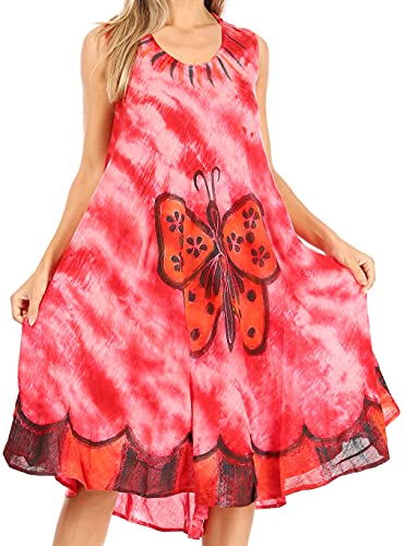 Sakkas 217 Tie Dye Butterfly Tank Mantel Kaftan Mid Length Kleid - Rot/One Size von Sakkas