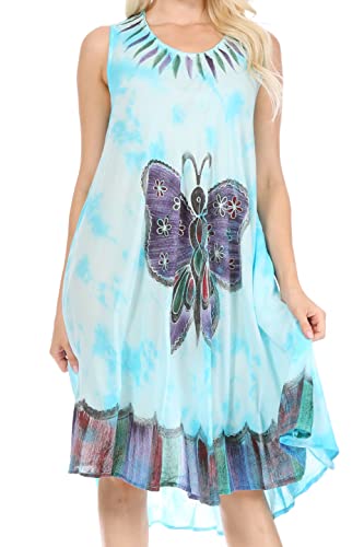 Sakkas 217 Tie Dye Butterfly Tank Mantel Kaftan Mid Length Kleid - Türkis/One Size von Sakkas