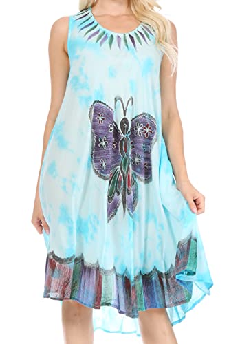 Sakkas 217 Tie Dye Butterfly Tank Mantel Kaftan Mid Length Kleid - Türkis/One Size von Sakkas