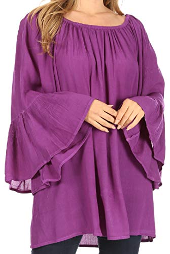 Sakkas 2365 - Anna Casual Flowy Wide Neck 3/4 Hülse Light Sommer Boho Bluse Top - Lila - OS von Sakkas