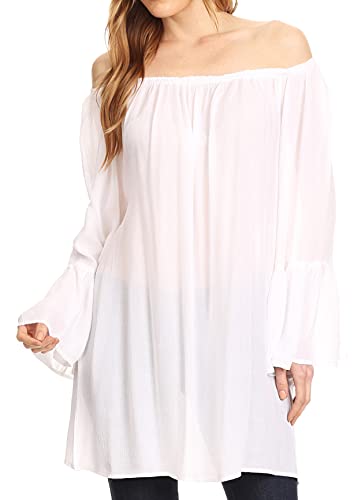 Sakkas 2365 - Anna Lässig Flowy Weithals 3/4 Hülse Helle Sommer Boho-Bluse Top - Weiß - OS von Sakkas