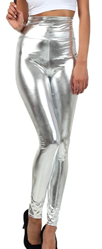 Sakkas 2616 Shiny Liquid Metallic High Taille Stretch Leggings - Silber - M von Sakkas