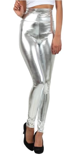 Sakkas 2616 Shiny Liquid Metallic High Taille Stretch Leggings - Silber - M von Sakkas