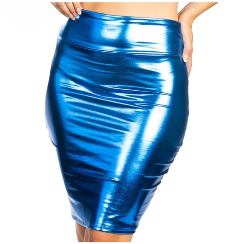 Sakkas 2695 Damen-Bleistiftrock mit hoher Taille in glänzender Metallic-Flüssigkeit – Türkis – XL von Sakkas