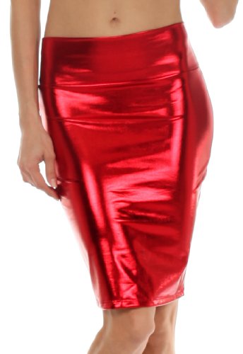 Sakkas 2695 Frauen glänzend Metallic Liquid High Taille Bleistift Skirt - Rot - X-Large von Sakkas