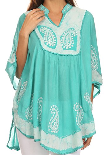 Sakkas 30A - Amori V-Ausschnitt Stickerei Poncho Top/Cover Up - Mint/Weiß - OS von Sakkas