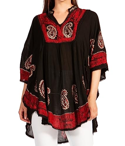 Sakkas 30A - Amori V-Ausschnitt Stickerei Poncho Top/Cover Up - Schwarz/Rot - OS von Sakkas