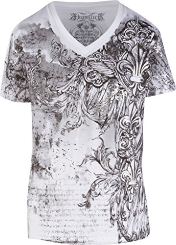 Sakkas 327V Reben und Fleur De Lis Metallic Silber geprägtes V-Ausschnitt Herren T-Shirt - Weiß/X-Large von Sakkas