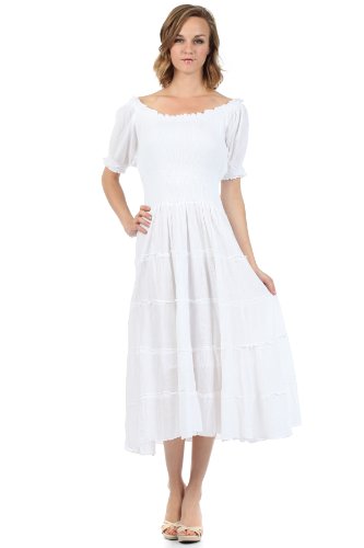 Sakkas 3702 Cotton Crepe Bauer Boho Renaissance Kleid - Weiß/One Size von Sakkas