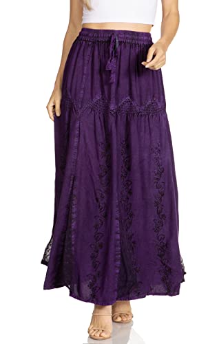 Sakkas 4484 - Olivia Damen Maxi Bohemian Gypsy Langer Rock Mit Elastischer Taille Und Spitze - Lila - OSP von Sakkas