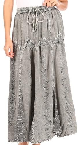 Sakkas 4484 - Olivia Womens Maxi Bohemian Gypsy Langer Rock Mit Elastischer Taille Und Spitze - Grau - OS von Sakkas