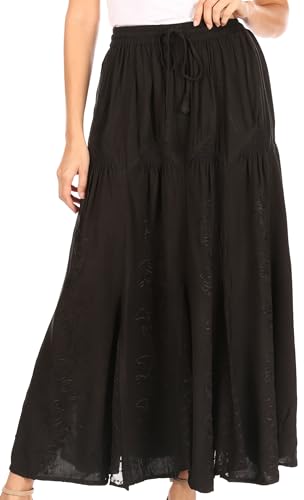 Sakkas 4484 - Olivia Womens Maxi Bohemian Gypsy Langer Rock Mit Elastischer Taille Und Spitze - Schwarz - OS von Sakkas