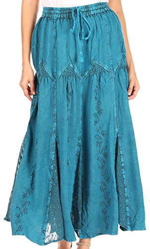 Sakkas 4484 - Olivia Womens Maxi Bohemian Gypsy Langer Rock Mit Elastischer Taille Und Spitze - Türkis - OS von Sakkas