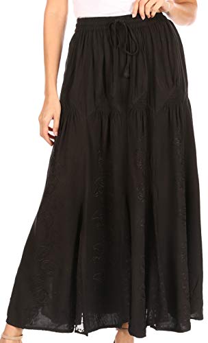 Sakkas 4484 - Olivia Womens Maxi Bohemian Gypsy Langer Rock mit elastischer Taille und Spitze - Schwarz - OSP von Sakkas