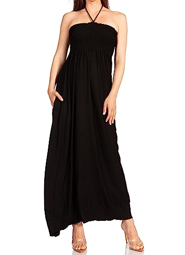 Sakkas 5026 Bequemes Jersey-Feeling Einfarbig gesmoktes Mieder String Neckholder Maxi/Langes Kleid - Schwarz - XX-Large von Sakkas