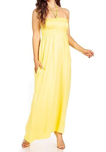 Sakkas 5026 Komfortable Jersey Fühlen Solide Farbe Smok Mieder String Halter Maxi/Langes Kleid - Gelb/Large von Sakkas
