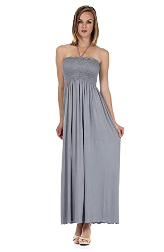 Sakkas 5026 Komfortable Jersey Fühlen Solide Farbe Smok Mieder String Halter Maxi/Langes Kleid - Grau/Medium von Sakkas