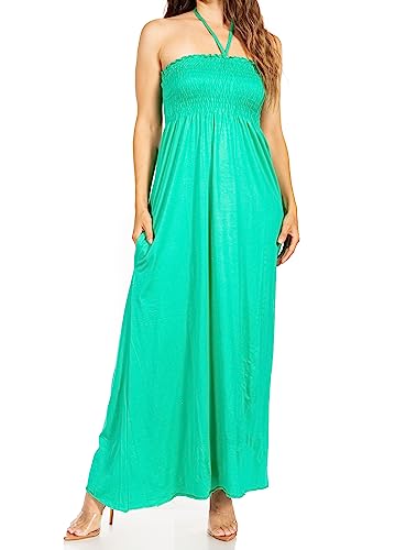 Sakkas 5026 Komfortable Jersey Fühlen Solide Farbe Smok Mieder String Halter Maxi/Langes Kleid - Grün/X-Large von Sakkas