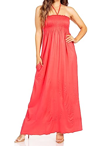 Sakkas 5026 Komfortable Jersey Fühlen Solide Farbe Smok Mieder String Halter Maxi/Langes Kleid - Koralle/Small von Sakkas