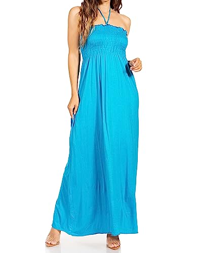 Sakkas 5026 Komfortable Jersey Fühlen Solide Farbe Smok Mieder String Halter Maxi/Langes Kleid - Turkis/X-Large von Sakkas