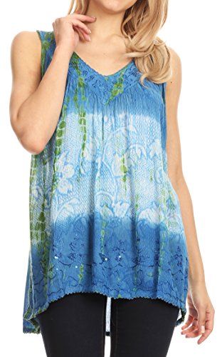 Sakkas 50831 Multi-Color Tie Dye Floral Sequin Ärmellose Bluse - Blau/Creme - One Size von Sakkas