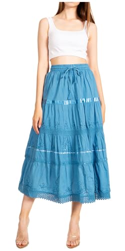 Sakkas 554M Solide Bestickte Zigeuner/Böhmisches voll/Maxi/mittel Länge Baumwolle Rock - Blau/eine Größe von Sakkas