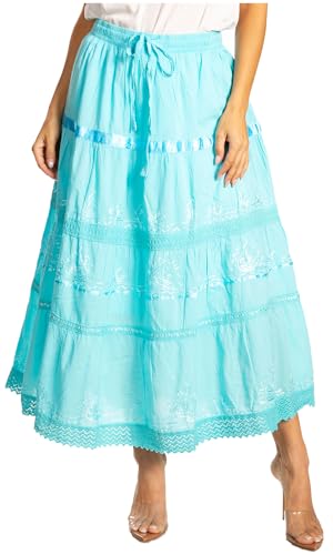 Sakkas 554M Solide Bestickte Zigeuner/Böhmisches voll/Maxi/mittel Länge Baumwolle Rock - Türkise/eine Größe von Sakkas