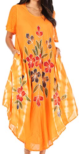Sakkas 615D Gesticktes gemaltes Blumen-Kappen-Hülsen-Rayonne Kleid - Orange/eine Größe von Sakkas