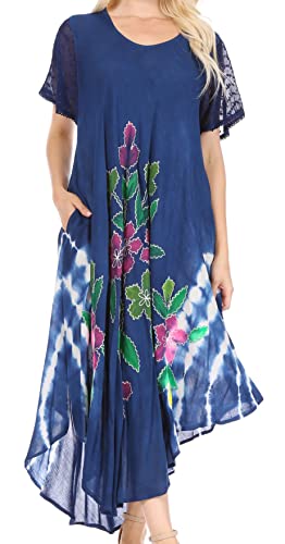 Sakkas 615D Gesticktes gemaltes Blumenkappen-Hülsen-Rayonne Kleid - Blau/eine Größe von Sakkas