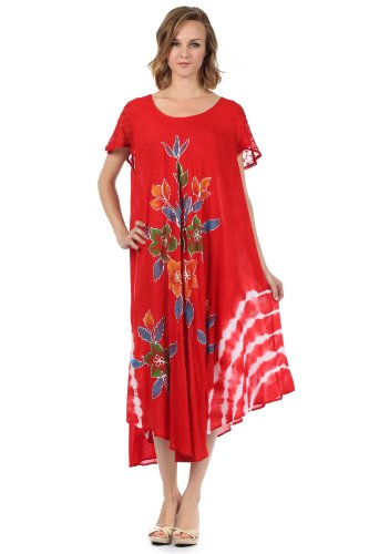 Sakkas 615D Gesticktes gemaltes Blumenkappen-Hülsen-Rayonne Kleid - Rot/eine Größe von Sakkas