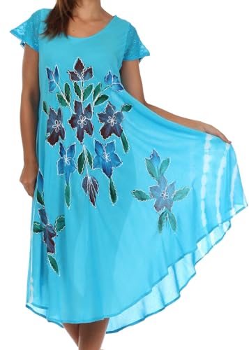 Sakkas 615D Gesticktes gemaltes Blumenkappen-Hülsen-Rayonne Kleid - Türkis/eine Größe von Sakkas