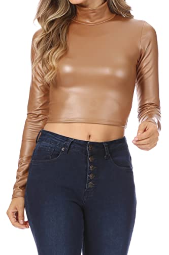 Sakkas 687121 Matte Liquid Mock Neck Rollkragen-Langarm-Crop-Top Camel - 2X von Sakkas