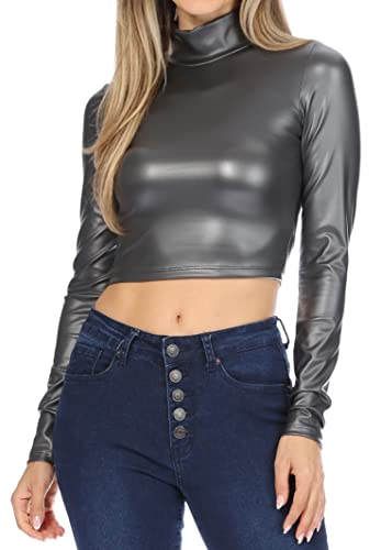 Sakkas 687121 Matte Liquid Mock Neck Rollkragen-Langarm-Crop-Top Grau – 3X von Sakkas