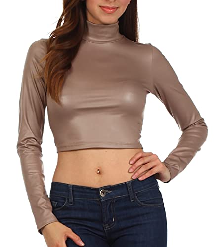 Sakkas 687121 Matte Liquid Mock Neck Rollkragen-Langarm-Crop-Top Taupe – 2X von Sakkas