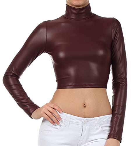 Sakkas 687121 Matte Liquid Mock Neck Turtleneck Long Sleeve Crop Top - Made in USA - Burgundy - L von Sakkas