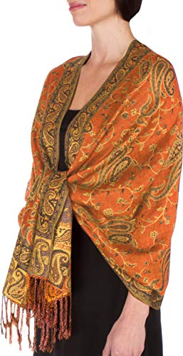 Sakkas Zweischichtiger Jacquard Paisley Viskose Pashmina Schal/Stola - - Orange von Sakkas