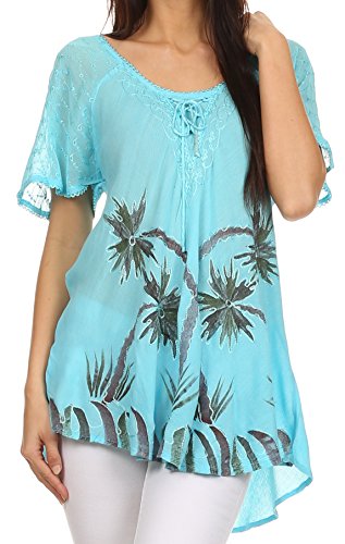 Sakkas 783 - Albina Island Relaxed Fit Stickerei Cap Sleeves Bluse/Top - Türkis - OSP von Sakkas