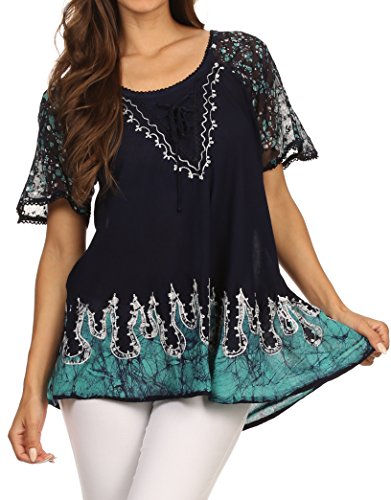 Sakkas 786 - Cora Bequemer Sitz Batik Design Gestickte Kappen-Hülsen-Bluse/Top - Navy/Turq - OS von Sakkas