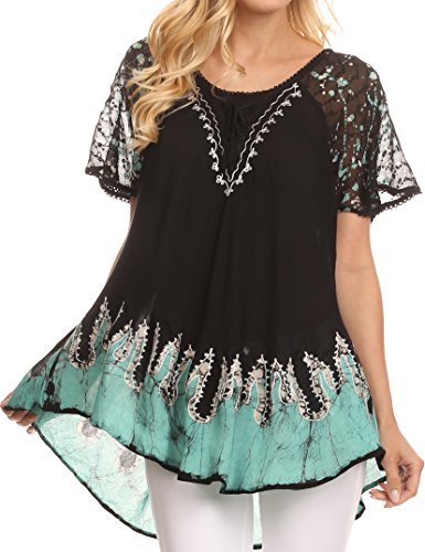 Sakkas 786 - Cora Bequemer Sitz Batik Design Gestickte Kappen-Hülsen-Bluse/Top - Schwarz/Mint - OS von Sakkas