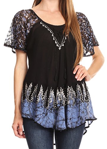 Sakkas 786 - Cora Relaxed Fit Batik Design Stickerei Cap Ärmel Bluse/Top - Schwarz/Blau - OS von Sakkas