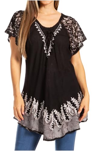 Sakkas 786 - Cora Relaxed Fit Batik Design Stickerei Flügelärmel Bluse/Top - Schwarz/Grau - OS von Sakkas