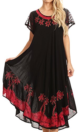 Sakkas A009 Batik-Palme mit Flügelärmeln Kaftan Kleid/Cover Up - Schwarz/Rot - O von Sakkas