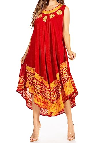 Sakkas A900 Batik Flower Caftan Tank Kleid/Cover Up - Rot/Gold - Einheitsgröße von Sakkas