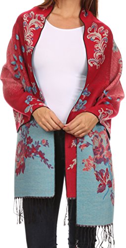 Sakkas CHS1810 Ontario Doppelschicht Blumen Pashmina/Schal/Wrap/Stola mit Fransen - 1-rotblau - One Size Regular von Sakkas