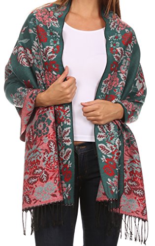 Sakkas CHS1810 Ontario Doppelschicht Blumen Pashmina/Schal/Wrap/Stola mit Fransen - 2-Emerald - One Size Regular von Sakkas