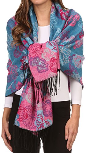 Sakkas CHS1810 Ontario Doppelschicht Blumen Pashmina/Schal/Wrap/Stola mit Fransen - 3-Aquarosa - One Size Regular von Sakkas