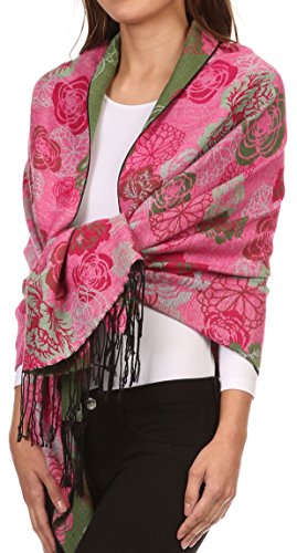Sakkas CHS1810 Ontario Doppelschicht Blumen Pashmina/Schal/Wrap/Stola mit Fransen - 3-grün - One Size Regular von Sakkas